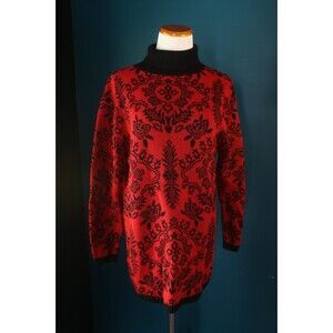 Vintage 80s Diane Von Furstenberg Turtleneck Sweater Red Black Floral Holiday M